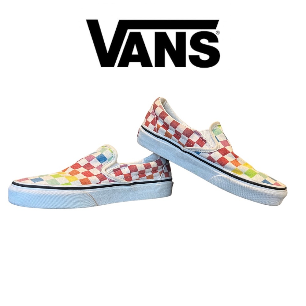 EUC Van’s Rainbow checkered slip on shoes